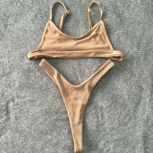 Tan bikini top is M bottoms are S